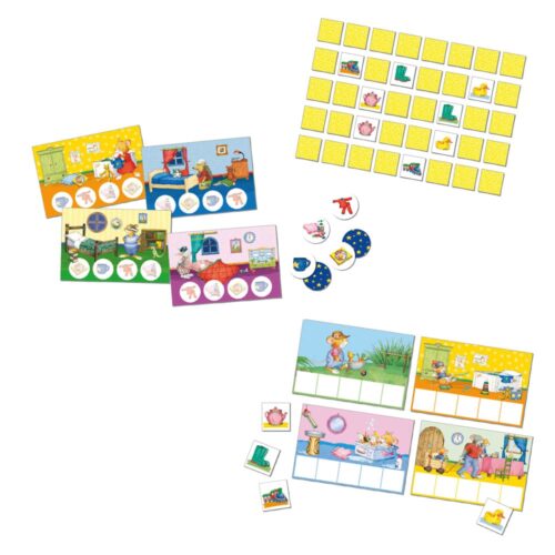 Farbenfrohes Kinderbrettspiel mit illustrierten Karten und passenden Spielsteinen.
