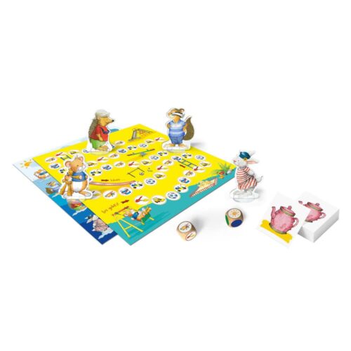 Kinderbrettspiel mit Tierfiguren, buntem Spielbrett, Karten und zwei Würfeln.