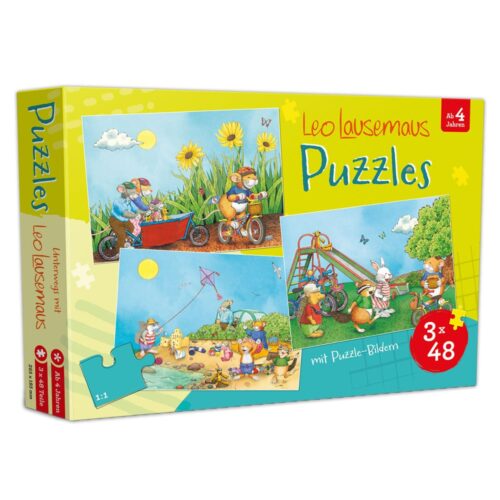 Schachtel mit Leo-Lausemaus-Puzzles mit farbenfrohen Outdoor-Szenen mit Mäusen.