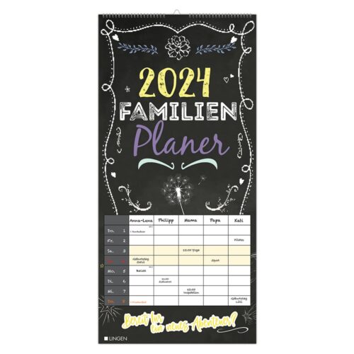 Familienplaner 2024 mit farbenfrohem Design, bestehend aus einem Raster für die Familienplanung mit Namen und Aktivitäten.