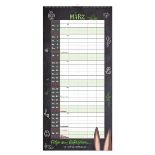 Ein März-Kalender mit osterlichen Dekorationen und Hasenohren am unteren Rand.