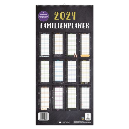 Familienplaner-Wandkalender 2024 mit Tafeldesign und Rasterlayout für jeden Monat.