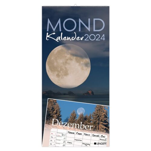 Mondkalender 2024, der im Dezember einen Vollmond über einer Winterwaldszene mit klarem Himmel zeigt.