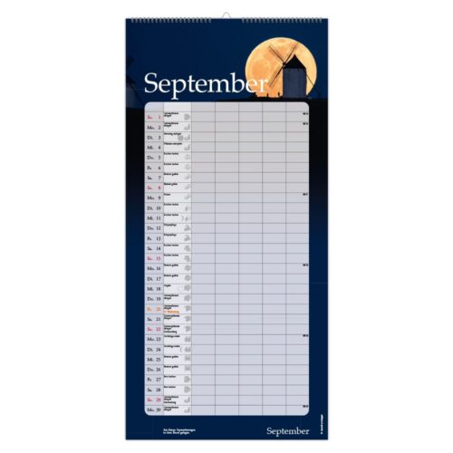 Kalenderblatt für September mit einer Windmühlen- und Vollmond-Illustration oben.