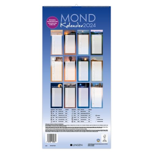 Mondkalender 2024 mit Monatsansichten auf blauem Hintergrund.