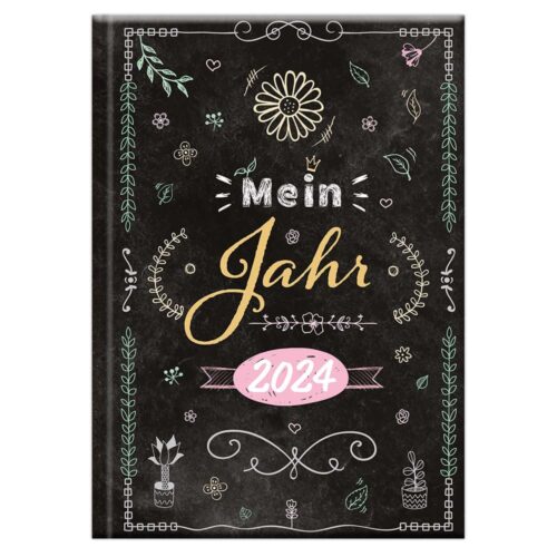 Einband im Kreidetafel-Stil mit Blumenmuster, Text „Mein Jahr 2024“ in dekorativer Schriftart.