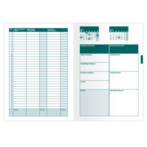 Offener Planer mit Kalender, Listen und Abschnitten für tägliche Notizen und Termine.