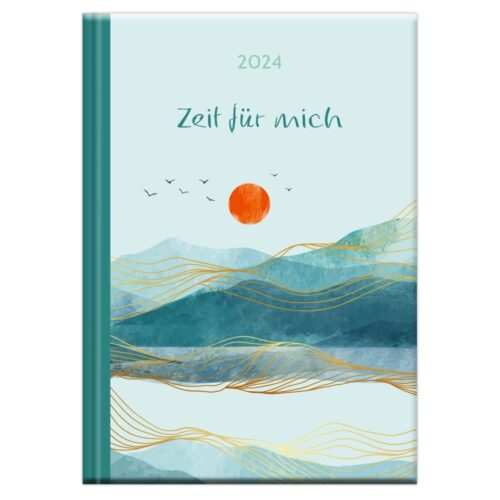 Einband des Planers 2024 mit abstrakten Bergen, goldenen Linien und einer roten Sonne. Text: „Zeit für mich.