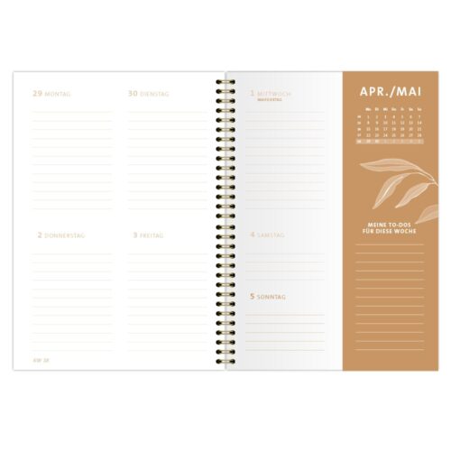 Offener Planer mit deutschen Wochentagen und einem Kalender für April und Mai, inklusive einem Abschnitt für To-Do-Listen.