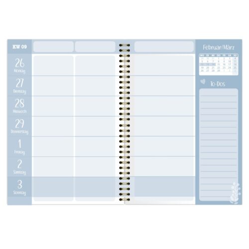 Offener Planer mit Terminen, Wochentagen in deutscher Sprache, Monatskalender und To-Do-Liste auf der rechten Seite. Blau-weißes Design.