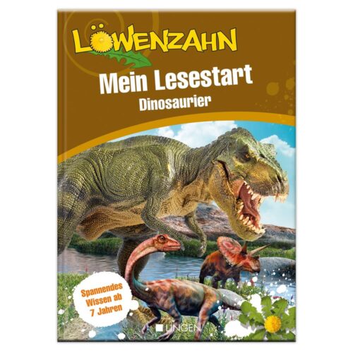 Kinderbuchcover mit Dinosauriern in einer prähistorischen Landschaft mit dem Titel „Löwenzahn: Mein Lesestart Dinosaurier“.