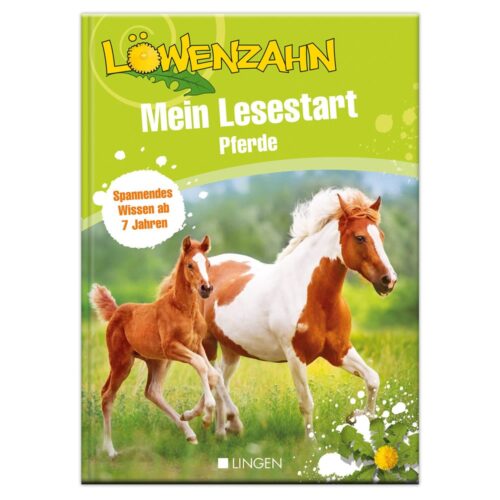 Buchcover mit zwei laufenden Pferden auf einer Wiese unter grünem Himmel mit dem Titel „Löwenzahn, mein Lesestart Pferde“.