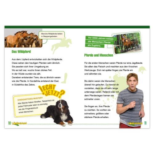 Doppelseite mit Bildern von Pferden und einem Zebra sowie einem Text über Wildpferde und ihre Beziehung zum Menschen.