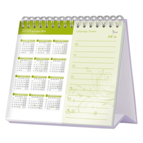 Ein grüner Spiral-Tischkalender für 2024 mit Datumslisten und einem Blumendesign auf der rechten Seite.