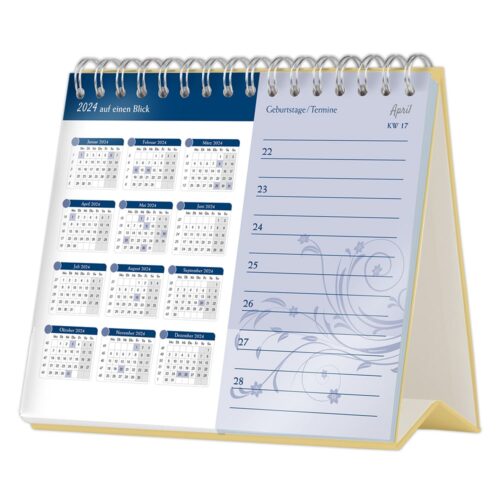Ein Tischkalender mit Übersicht über das Jahr 2024 und einer Seite für Notizen und Termine im April.