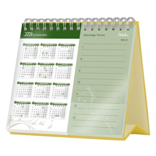 Ein Tischkalender für 2024 mit Jahresübersicht und grünem Notizblock für Notizen.