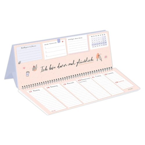 Tischkalender mit deutschem Text, aufklappbar zur Wochenansicht. Pastellfarben und süße Kritzeleien zieren die Seiten.