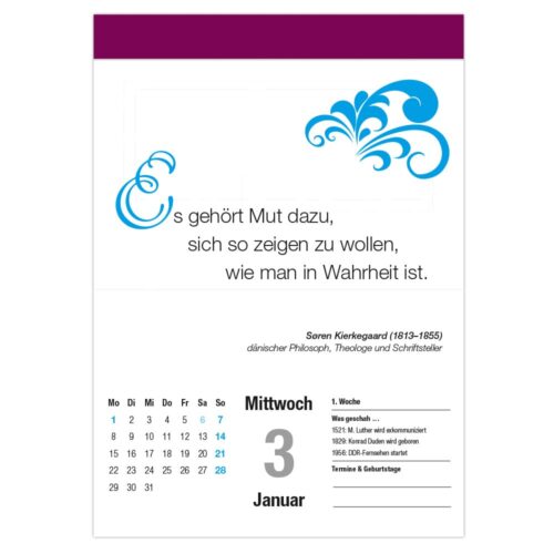 Deutsches Kalenderblatt mit einem Zitat von Søren Kierkegaard, datiert Mittwoch, 3. Januar.