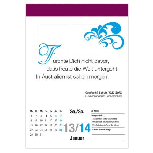 Deutsches Kalenderblatt mit einem Zitat über Australien, dekorativen Schnörkeln und Januar-Daten in Blau.