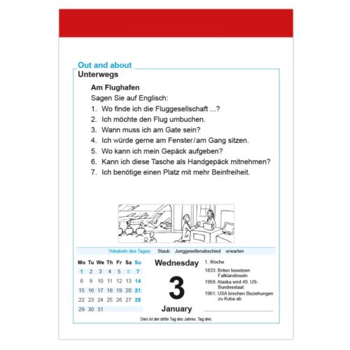 Deutschsprachiger Tageskalender für den 3. Januar mit Redewendungen und Vokabeln zum Thema Flughafen.