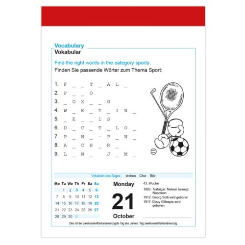 Eine Vokabelübung zum Thema Sport und ein Kalenderblatt für Montag, den 21. Oktober.