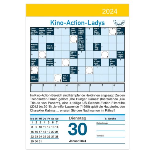 Kalenderblatt für den 30. Januar 2024 zum Thema Kino-Action-Ladys mit Mondphasen und Notizen zu Filmheldinnen.