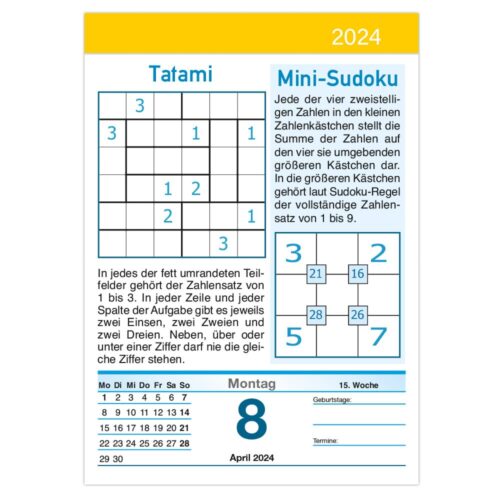 Kalenderseite vom 8. April 2024 mit einem Tatami- und Mini-Sudoku-Puzzle auf Deutsch.