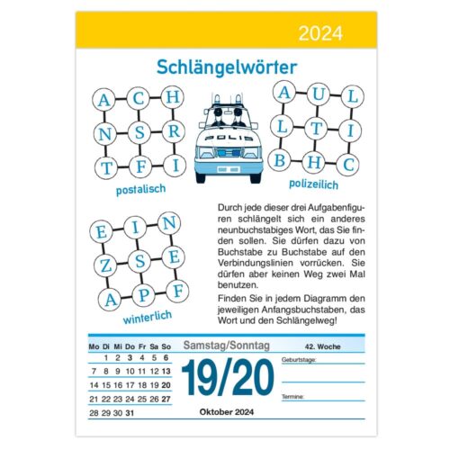 Deutsches Worträtsel mit Polizeiauto-Illustration und Kalender für den 19./20.10.2024.