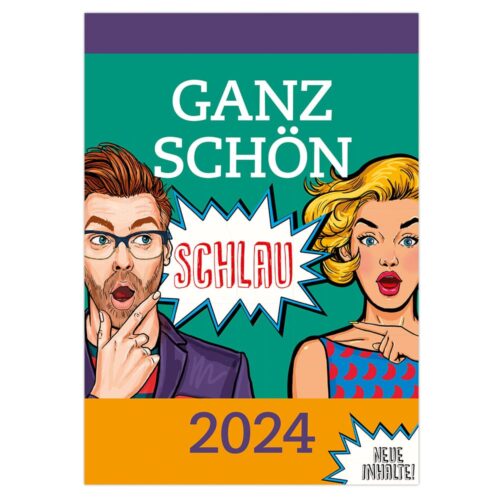 Ein farbenfrohes Poster im Comic-Stil mit einem überraschten Mann und einer überraschten Frau sowie dem Text „Ganz schön schlau“ und „2024“.