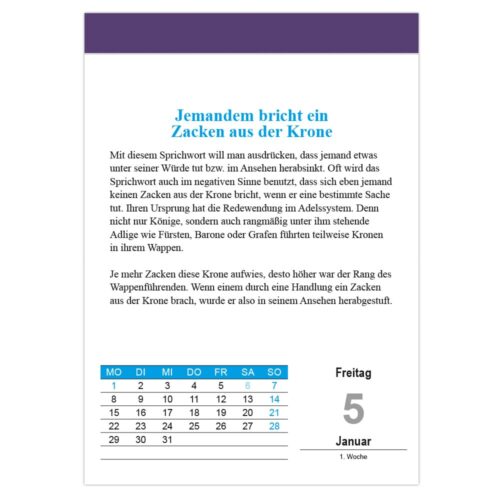 Kalenderblatt mit deutschem Text zur Erklärung eines Sprichworts, datiert auf Freitag, 5. Januar, darunter sind die Wochentage aufgeführt.