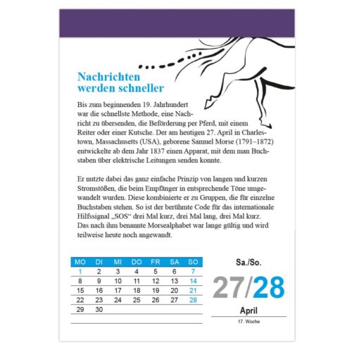 Seite mit Text und einer stilisierten Pferdeillustration, darauf ein Kalender für April 2024 mit den Wochenenddaten.