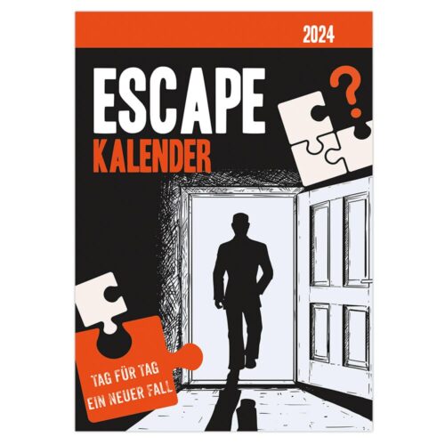 Cover des „Escape Kalenders 2024“ mit der Silhouette einer Person, die durch eine Tür geht.