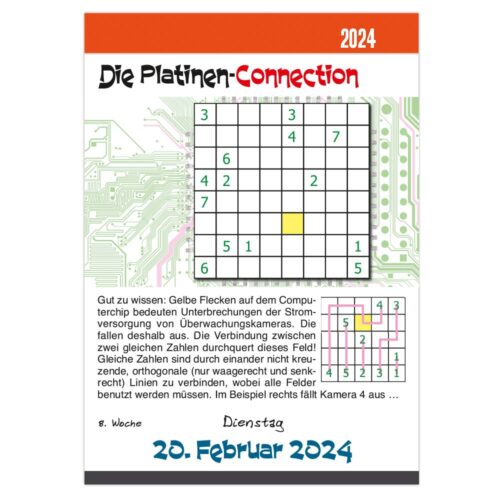 Sudoku-Rätsel im Platinendesign mit hervorgehobener gelber Zelle in einem 5x5-Raster. Deutscher Text unten.