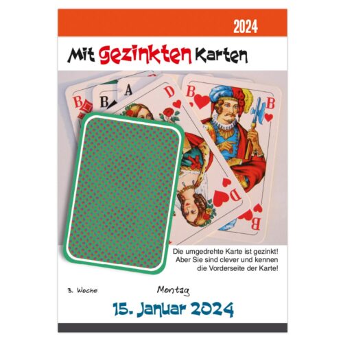 Spielkarten mit sichtbaren Bildkarten, deutschem Text und einem Datum: 15. Januar 2024.