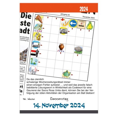 Ein Kreuzworträtselgitter mit Bildern verschiedener Flaggen und Objekte, datiert auf den 14. November 2024.