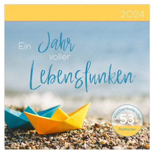 Papierboote an einem Kiesstrand mit Text „Ein Jahr voller Lebensfunken“ und „2024“.