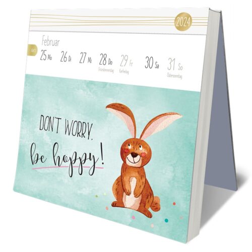 Staffeleikalender mit einem lachenden Häschen und dem Text „Don‘t worry, be hoppy!“ für den 25. Februar bis 3. März 2024.