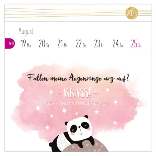 Niedlicher Panda auf rosa Aquarellhintergrund mit deutschem Text. Der Augustkalender zeigt 19-25 markiert.