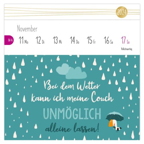 Kalenderblatt für November 2024 mit Regentropfen-Motiv und deutschem Text zum Thema auf der Couch bleiben bei schlechtem Wetter.