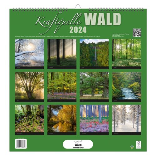 Kalendercover mit 12 malerischen Waldfotos für jeden Monat, betitelt „Kraftquelle Wald 2024“ in Grün.