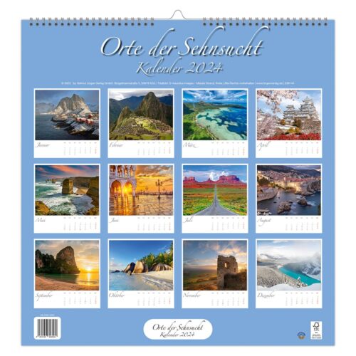 Kalender 2024 mit Landschaftsbildern für jeden Monat und dem Titel „Orte der Sehnsucht.
