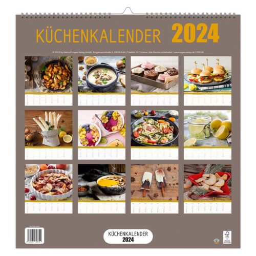 Küchenkalender 2024 mit verschiedenen Gerichten für jeden Monat.