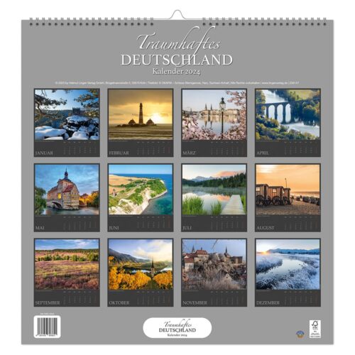 Kalender 2024 mit Panoramafotos von Deutschland für jeden Monat, mit Landschaften und Sehenswürdigkeiten.
