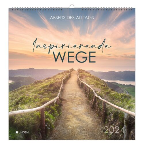 Kalendercover mit einem malerischen Pfad auf einem Hügel unter einem farbenfrohen Sonnenuntergangshimmel, mit dem Titel „Inspirierende Wege 2024“.