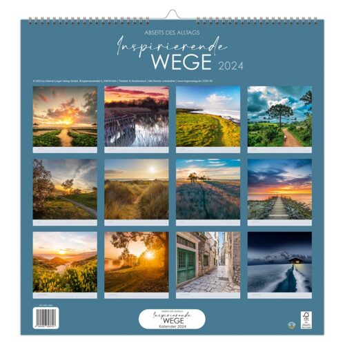 Kalender mit 12 reizvollen Landschaftsfotos für jeden Monat, beschriftet mit „Inspirierende Wege 2024.“