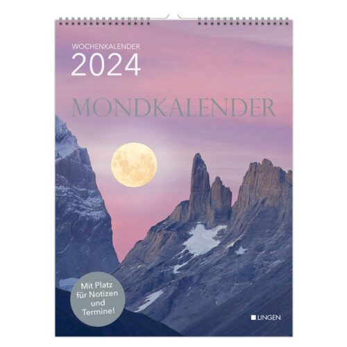 Mondkalender-Cover 2024 mit einem Vollmond über Bergen und einem pastellfarbenen Himmel. Text in Deutsch auf dem Cover.