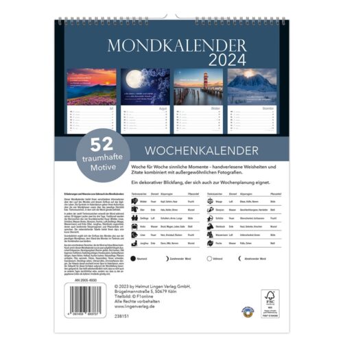 Wochenkalender 2024 zum Thema Mond mit Landschaftsbildern und Zitaten, Spiralbindung oben und einer Liste der enthaltenen Phasen.