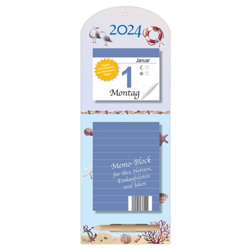 Kalender 2024 mit Notizblock im Küstendesign mit Muscheln und Meereslebewesen.