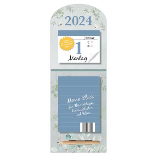 Kalender 2024 mit Blumenmuster, Notizblock und Bleistift.