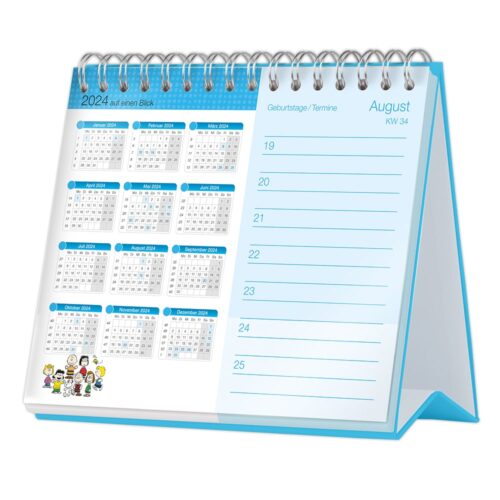 Blauer Tischkalender aufgeklappt bis August 2024 mit Platz für Notizen. Kleine Kalenderübersicht 2024 links.
